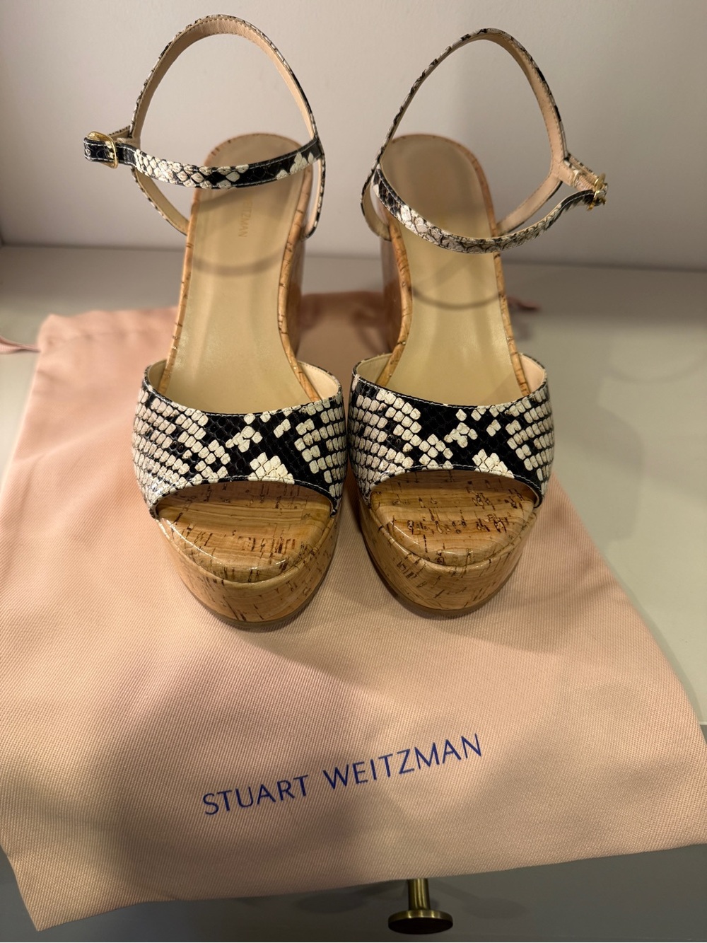 Stuart Weitzman Black & White Snake-Print Cork Wedge Sandals
